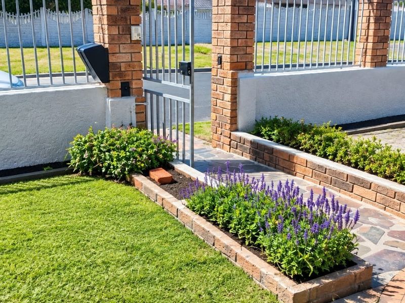 A well-maintained front entrance area featuring a brick boundary wall, metal security gate, paved walkway, and landscaped brick planter boxes.