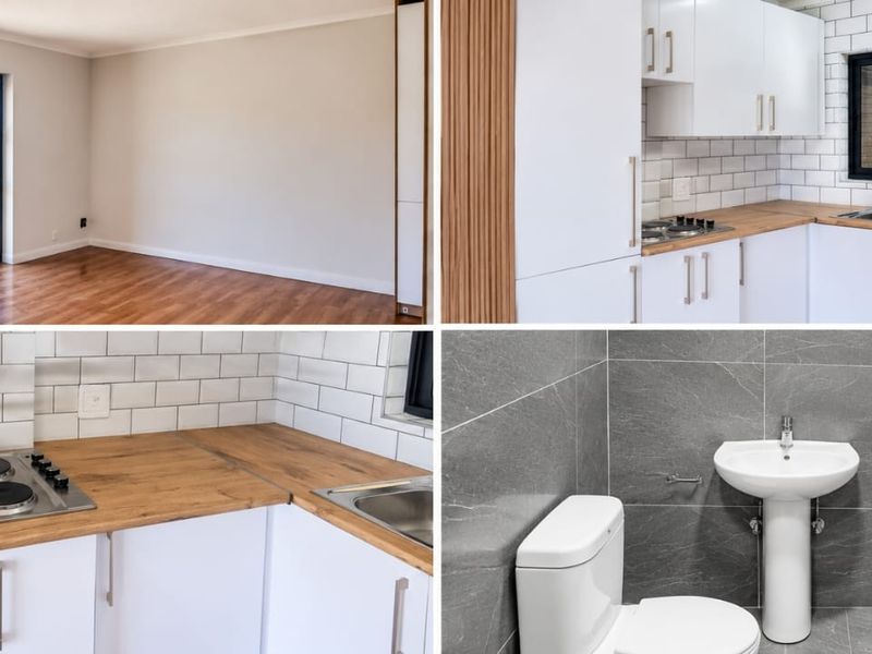 A composite image showing a bright living area with sliding doors, a modern kitchen with subway tiles, and a contemporary tiled bathroom.