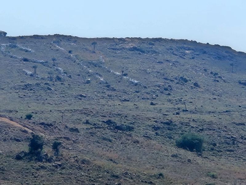 A scenic view of the natural landscape and hillside terrain on the farm property.