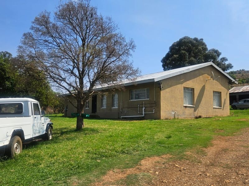 Rear view of a single-story farmhouse featuring a metal roof and plastered exterior walls set on a rural property.
