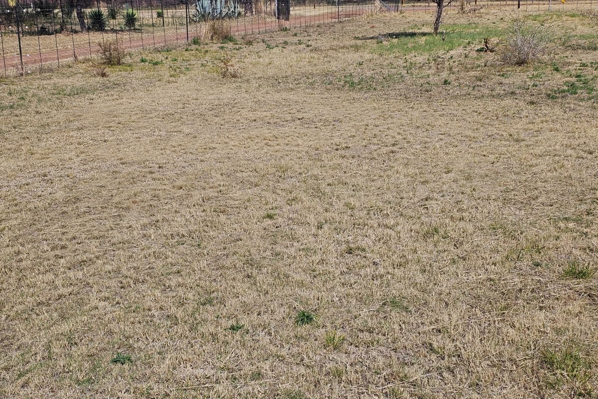 A view of a vacant residential plot featuring dry grass, perimeter wire mesh fencing, and a gated entrance.