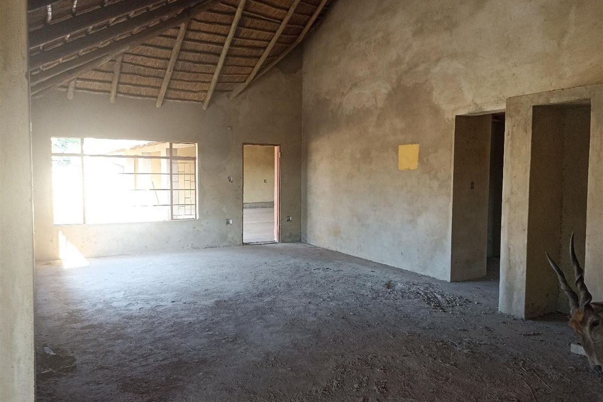 An unfinished interior living space featuring a high vaulted thatched roof, exposed plaster walls, and concrete flooring, offering a blank canvas for renovation.