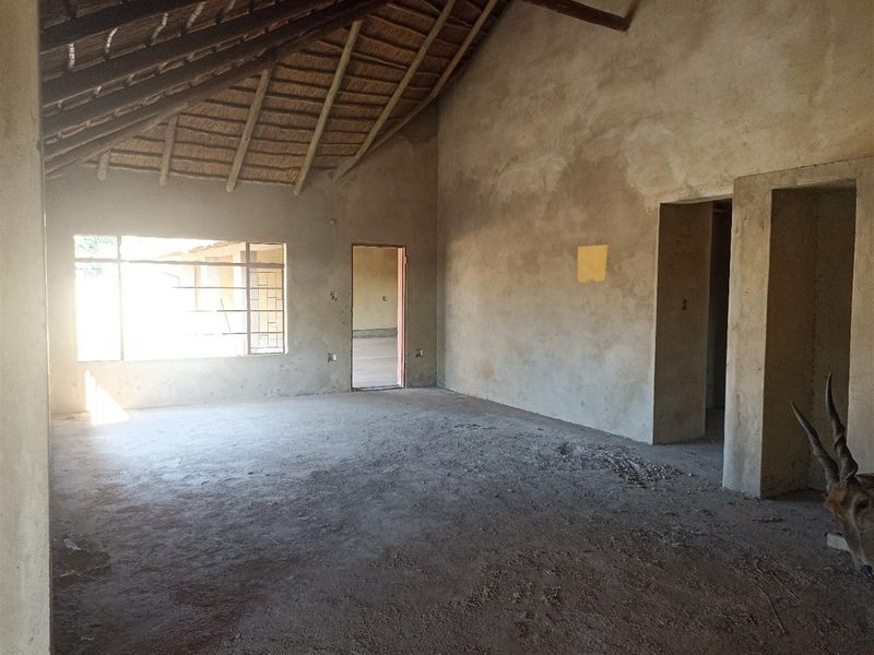 An unfinished interior living space featuring a high vaulted thatched roof, exposed plaster walls, and concrete flooring, offering a blank canvas for renovation.