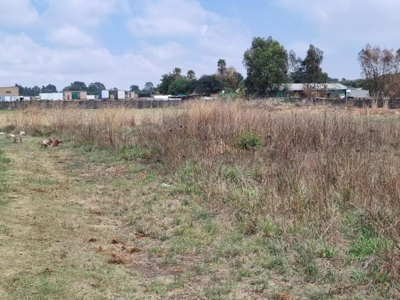 An expansive, undeveloped industrial plot featuring dry, overgrown vegetation and a large shipping container structure on the perimeter.