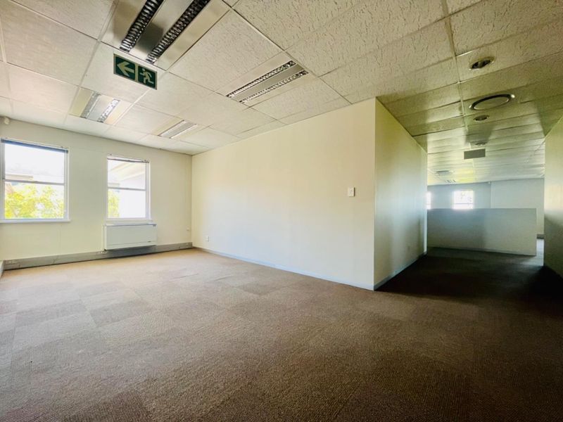 An empty commercial office space featuring a suspended ceiling with recessed lighting, carpeted flooring, and a partition wall.