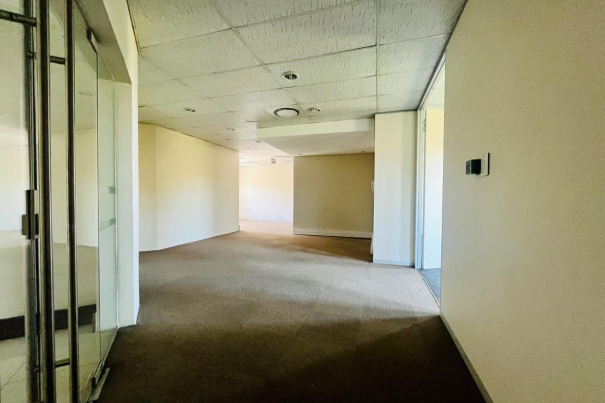 An empty commercial office space featuring a suspended ceiling, recessed lighting, and glass partitioning, suitable for a variety of business configurations.