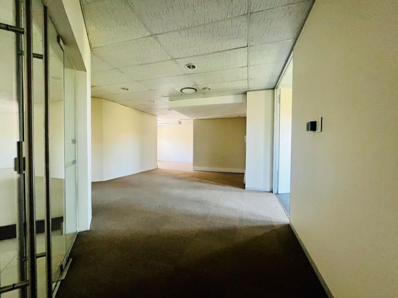 An empty commercial office space featuring a suspended ceiling, recessed lighting, and glass partitioning, suitable for a variety of business configurations.