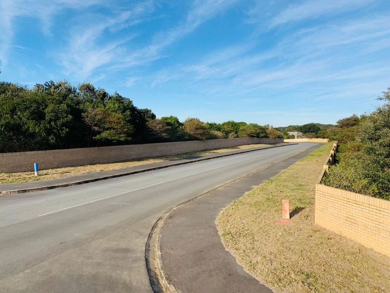 A view of the paved street and surrounding brick boundary walls in a residential estate setting.