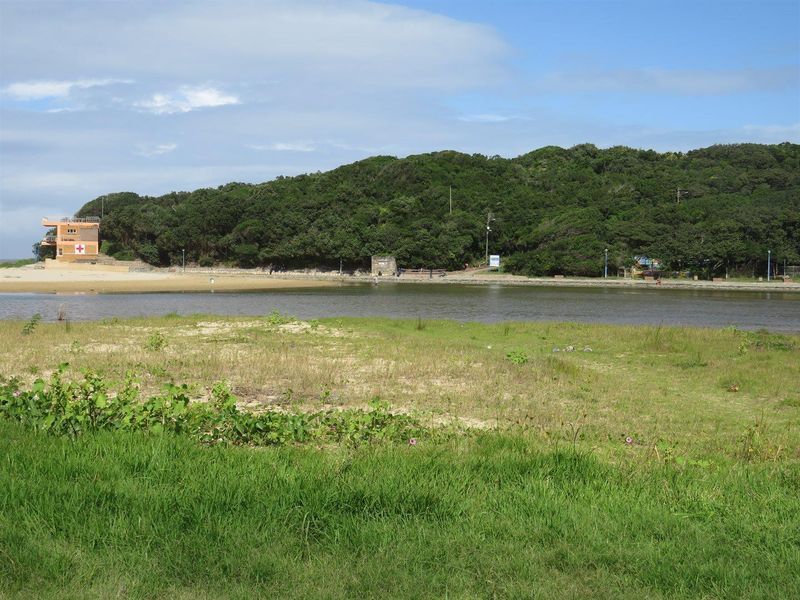 A scenic view of the coastal landscape, featuring a grassy foreground, a calm water body, and a distant lifeguard tower near the beach.
