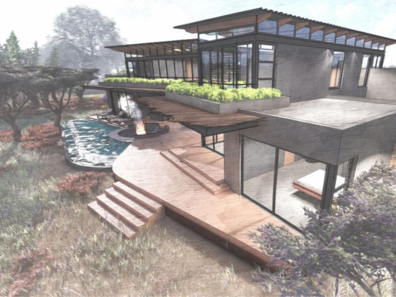 Architectural rendering of a modern luxury residence featuring a multi-level deck, integrated swimming pool, and expansive glass walls overlooking a natural landscape.