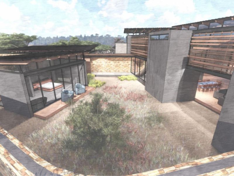 An architectural rendering of a modern residential property featuring a central courtyard, expansive glass walls, and contemporary building materials.