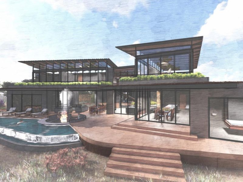 Architectural rendering of a modern luxury residence featuring expansive glass walls, a tiered wooden deck, and a private swimming pool with integrated fire pit.