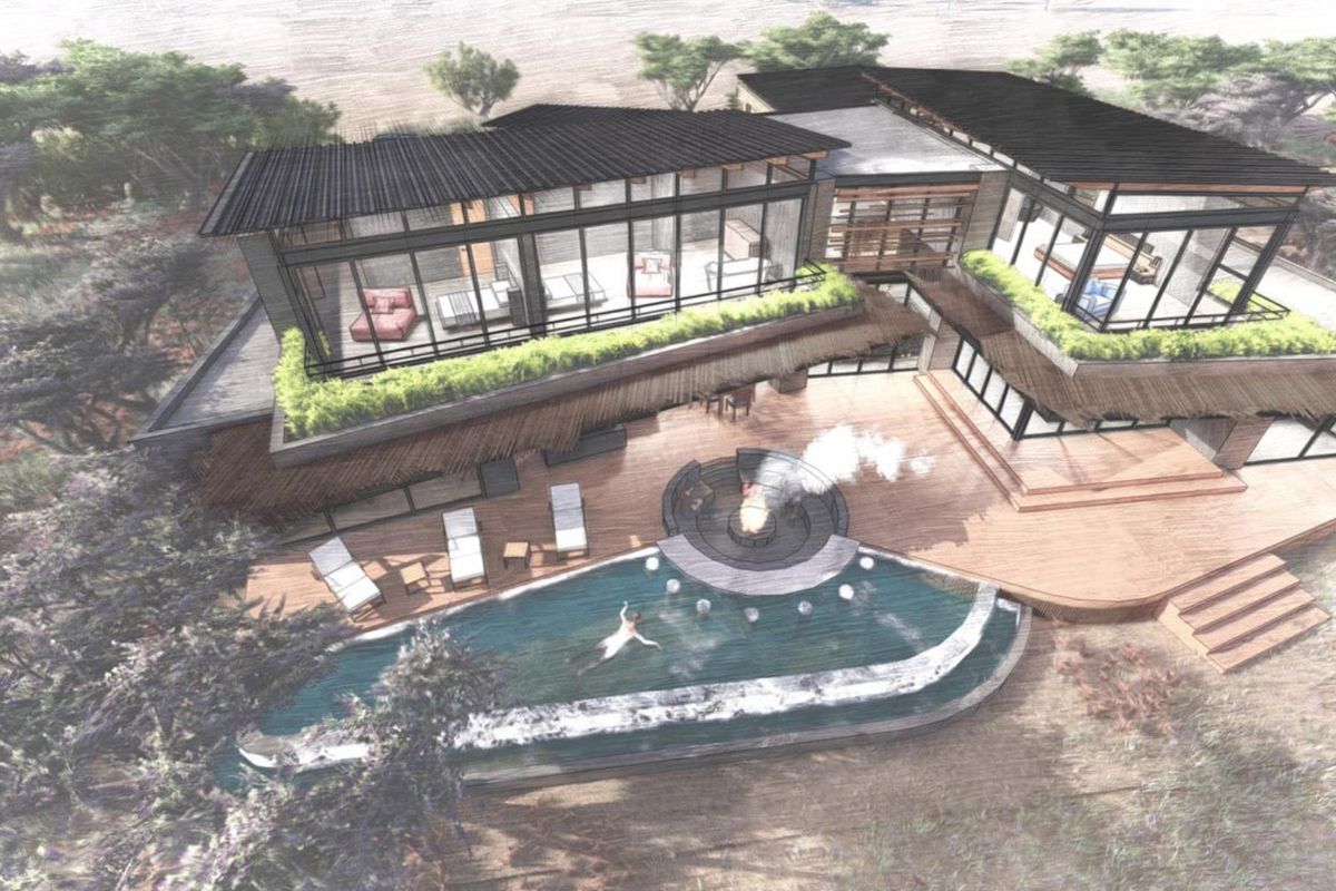 Architectural rendering of a modern luxury residence featuring a swimming pool, sunken fire pit, expansive timber decking, and large glass-walled living spaces.