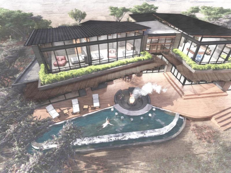 Architectural rendering of a modern luxury residence featuring a swimming pool, sunken fire pit, expansive timber decking, and large glass-walled living spaces.