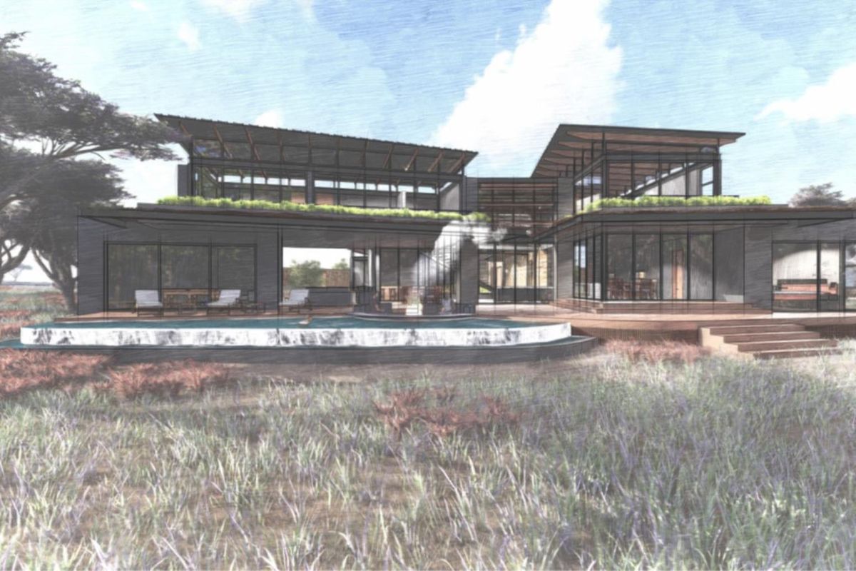 Architectural rendering of a modern luxury residence featuring expansive glass walls, a swimming pool, and integrated outdoor living spaces.
