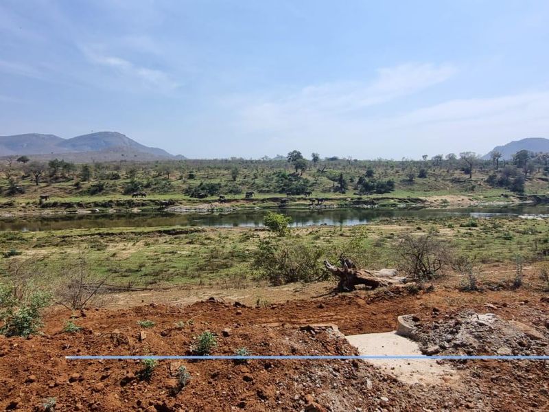 A scenic view of a river landscape from the vacant residential plot, featuring natural vegetation and distant mountain vistas.