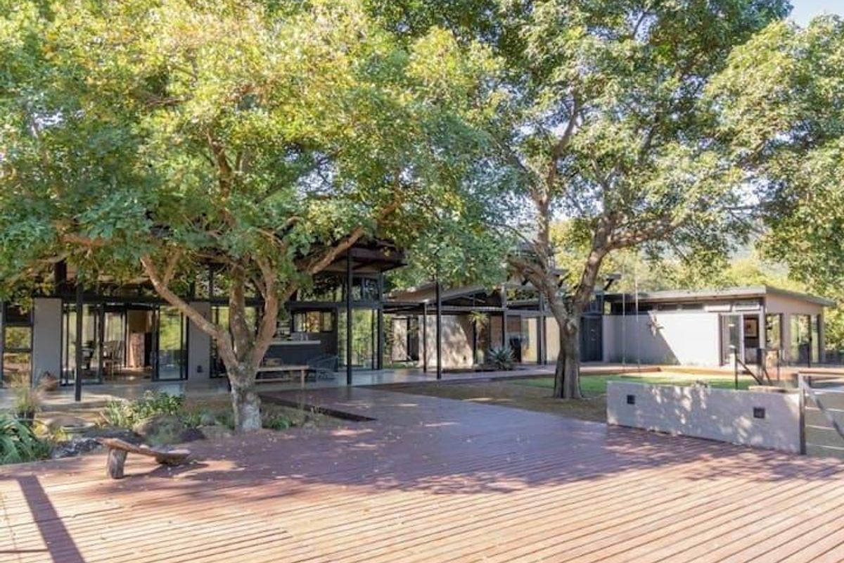 Spacious outdoor timber deck area featuring mature trees, modern architectural design, and seamless indoor-outdoor flow.