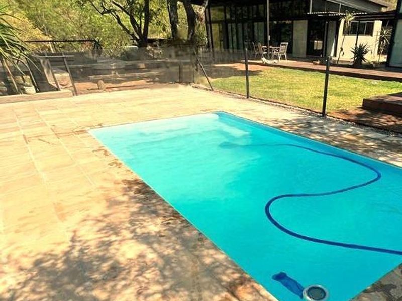 A private swimming pool set in a landscaped garden with a paved surround, featuring a modern house in the background.