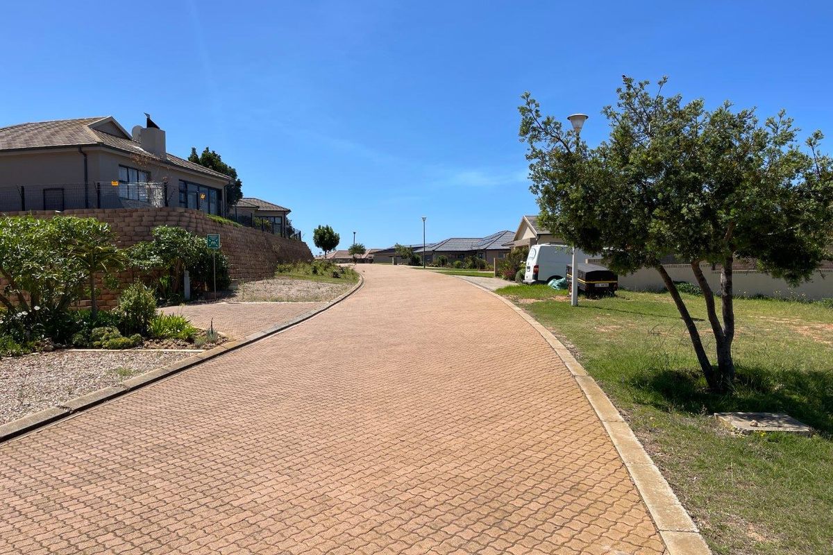 A view of a paved residential street within a well-maintained estate, featuring established landscaping and retaining walls.