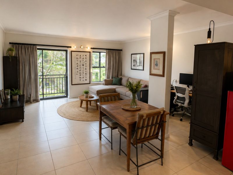 Spacious open-plan living and dining area featuring tiled floors, a structural column, and a sliding glass door leading to a balcony.
