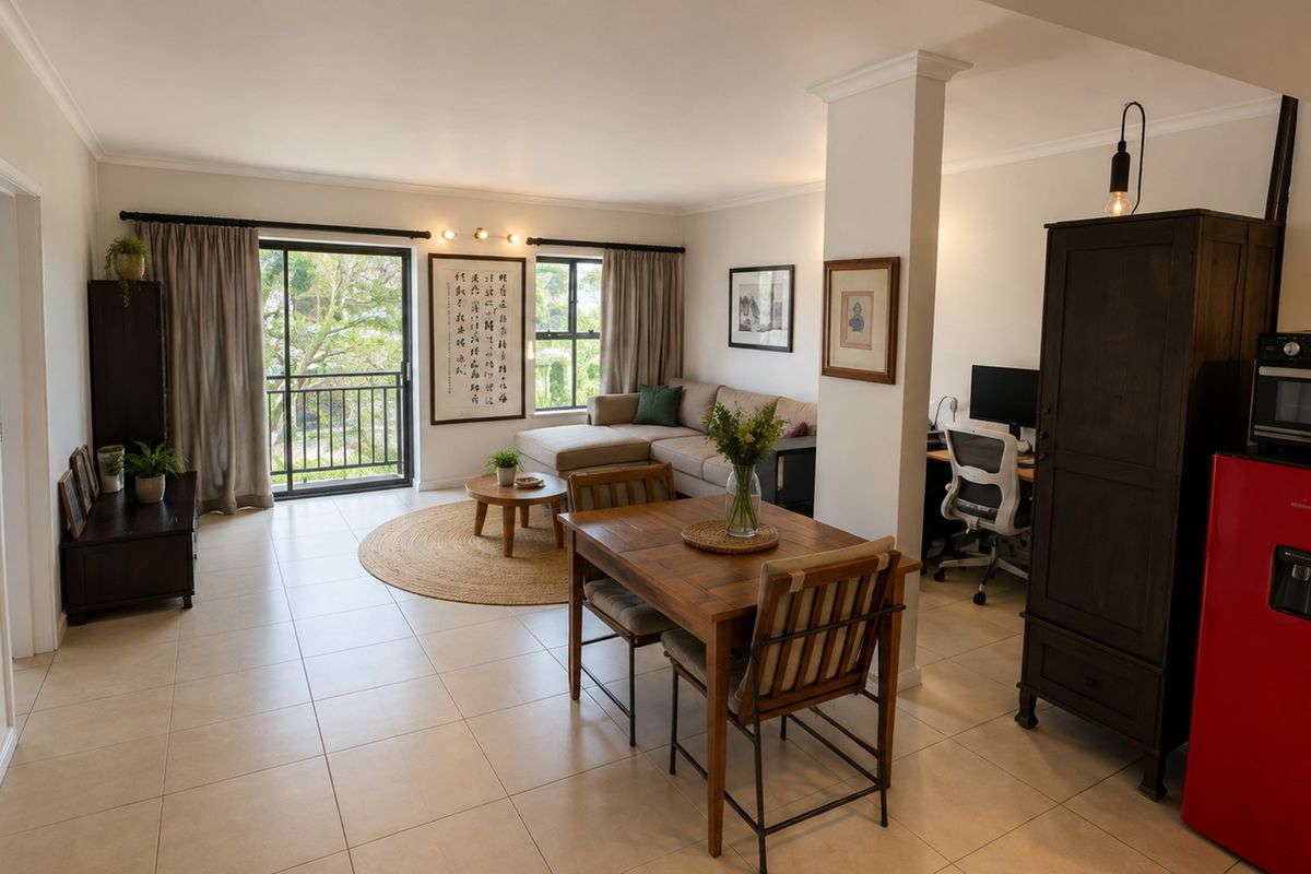 Spacious open-plan living and dining area featuring tiled floors, a structural column, and a sliding glass door leading to a balcony.