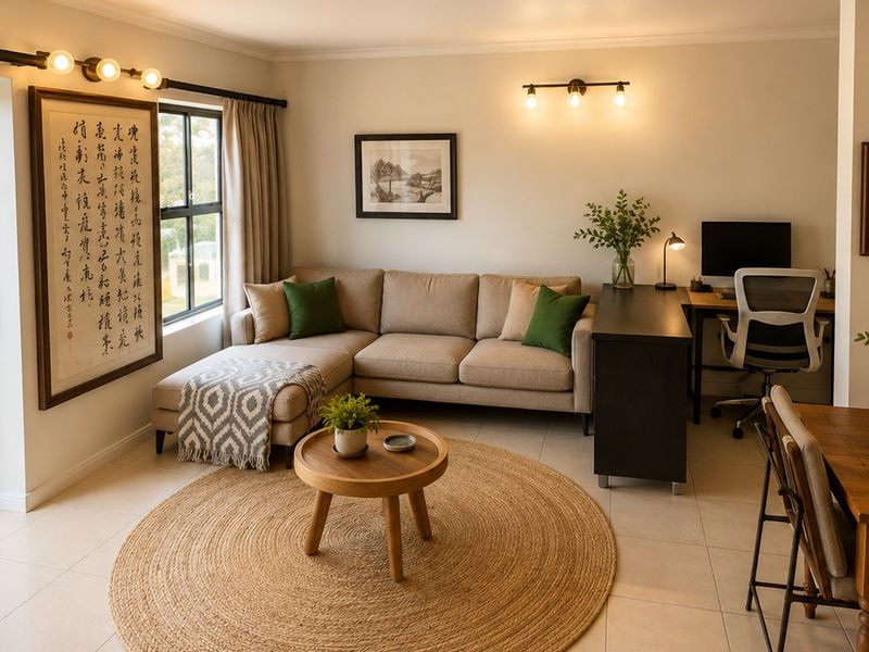 A bright open-plan living area featuring tiled floors, modern wall lighting, and direct access to a private balcony through a large sliding glass door.