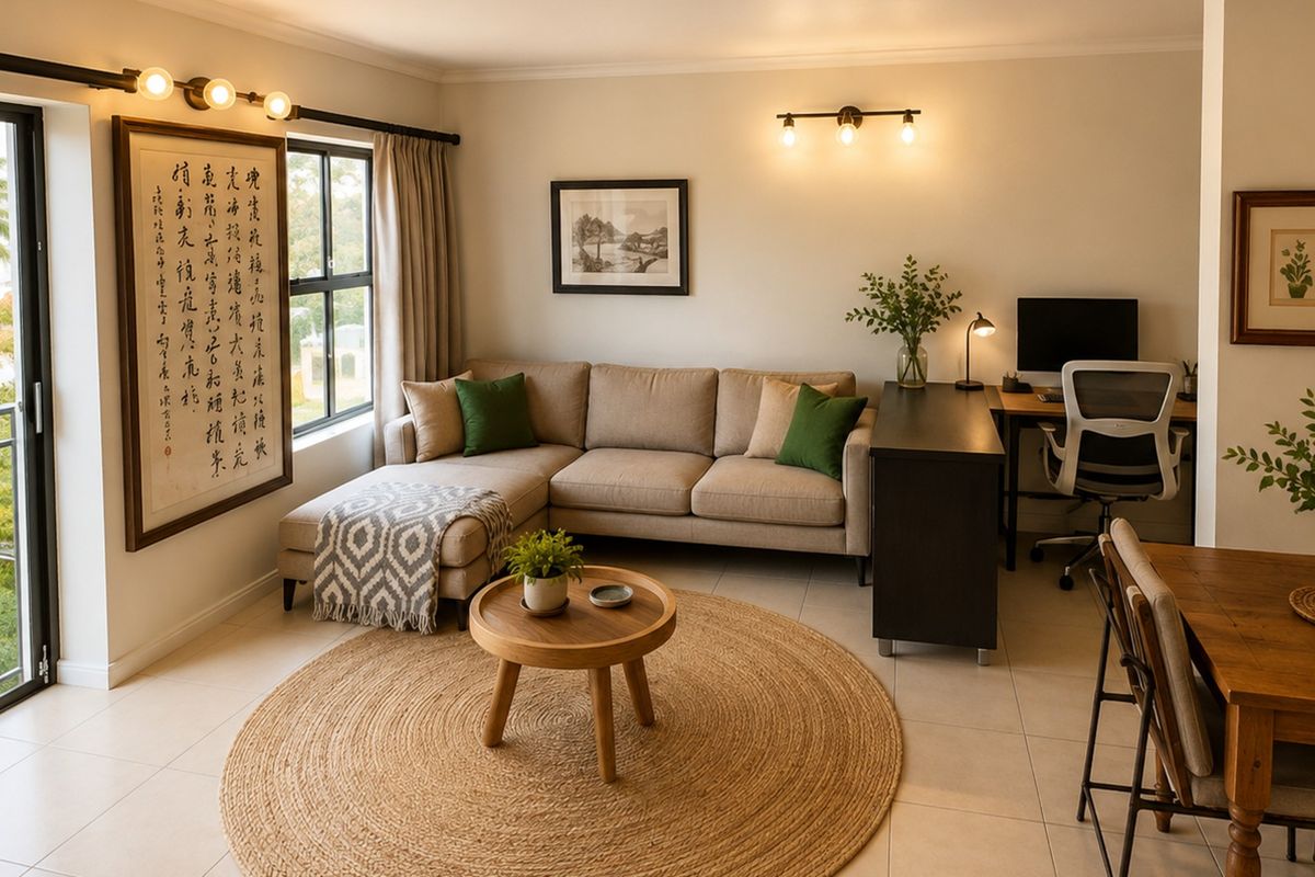 A bright open-plan living area featuring tiled floors, modern wall lighting, and direct access to a private balcony through a large sliding glass door.