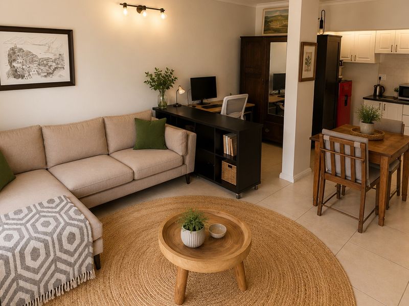 A well-maintained open-plan living area featuring tiled floors, a modern kitchen with built-in cabinetry, and a functional layout connecting the kitchen and lounge.