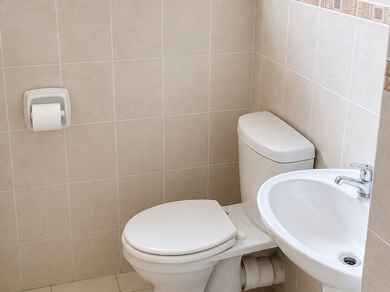 A clean and functional guest bathroom featuring a white pedestal basin, toilet, and neutral ceramic wall tiling.