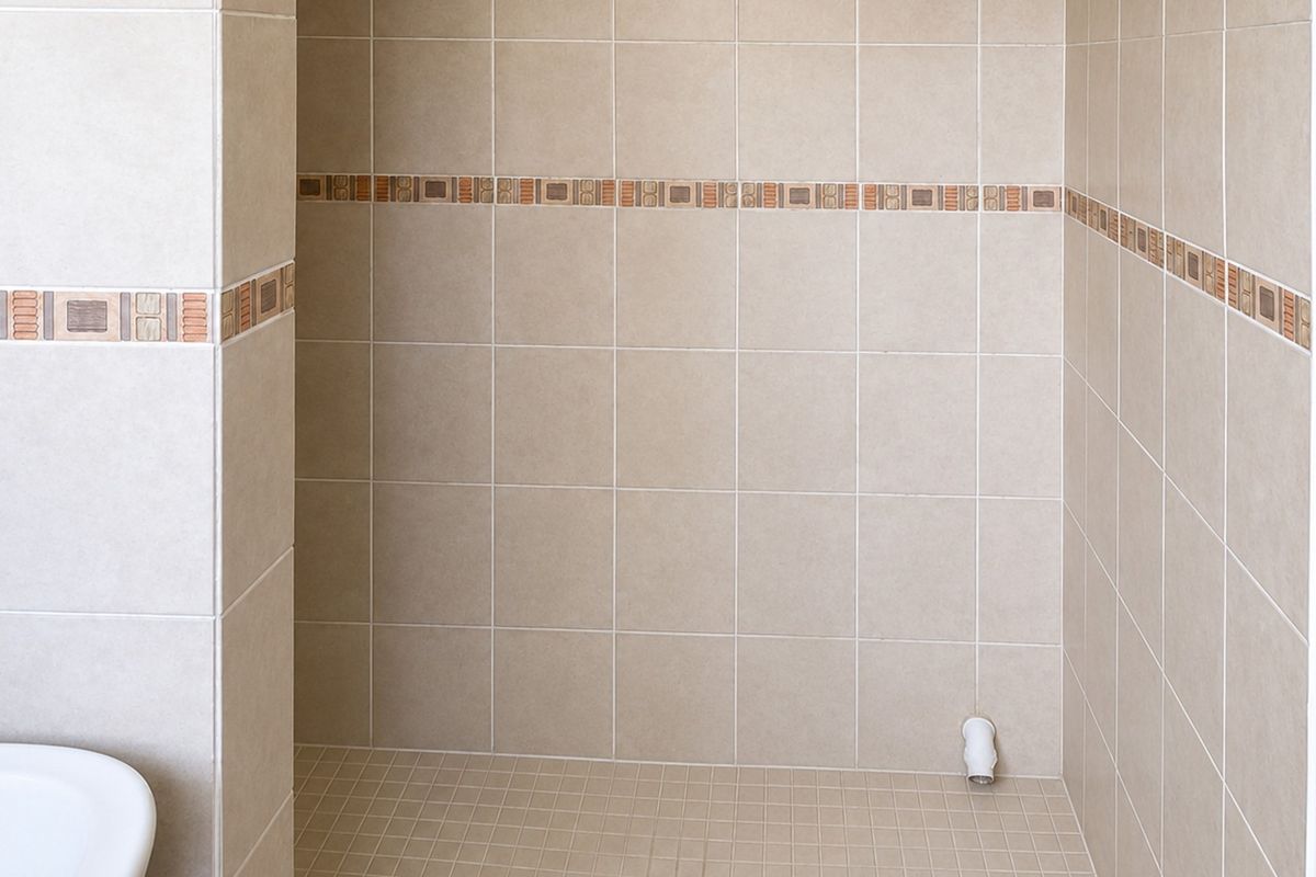 A clean, tiled shower enclosure featuring neutral ceramic wall tiles with a decorative mosaic border and a dedicated plumbing outlet.
