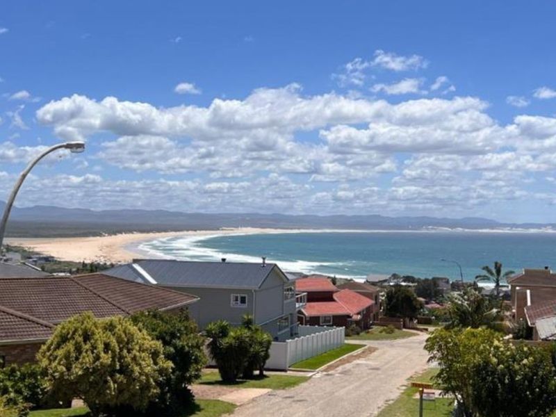 Elevated coastal view overlooking the neighbourhood, beach, and ocean horizon under a clear blue sky.