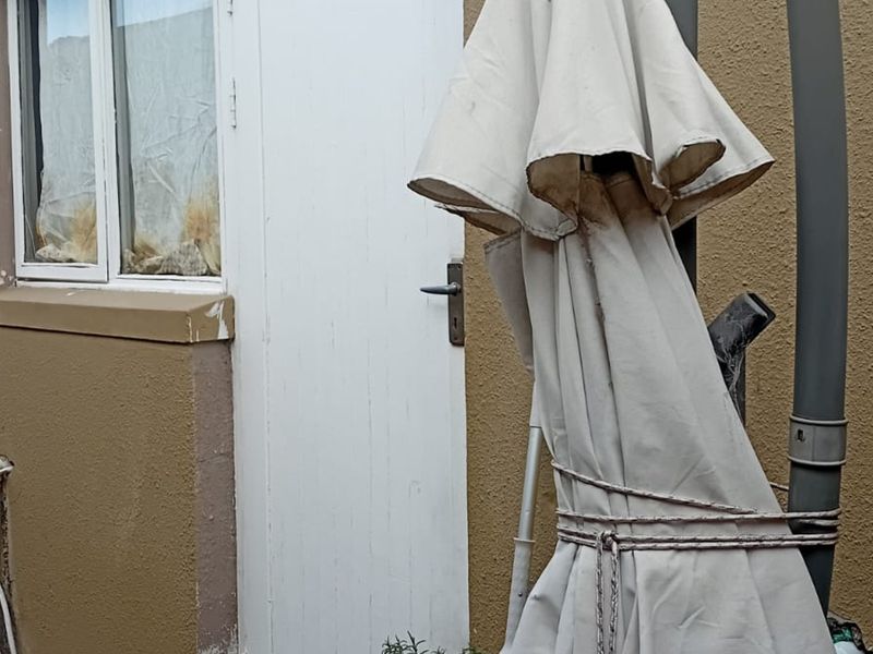 A view of the rear exterior wall showing exposed plumbing, a window, and a door, indicating a need for maintenance and exterior upkeep.