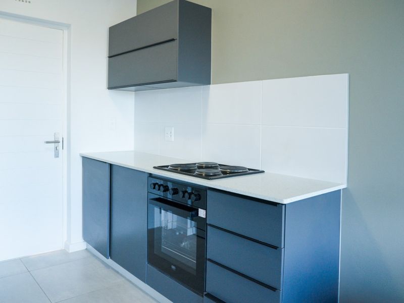 Modern kitchen featuring sleek grey cabinetry, stone countertops, a built-in oven, and an electric hob with a clean tiled splashback.