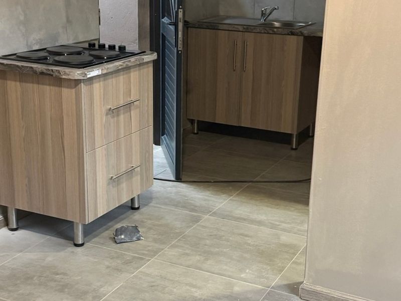 A compact kitchen area featuring modern wood-finish cabinetry, a built-in hob, and a sink, currently in an unfinished state.