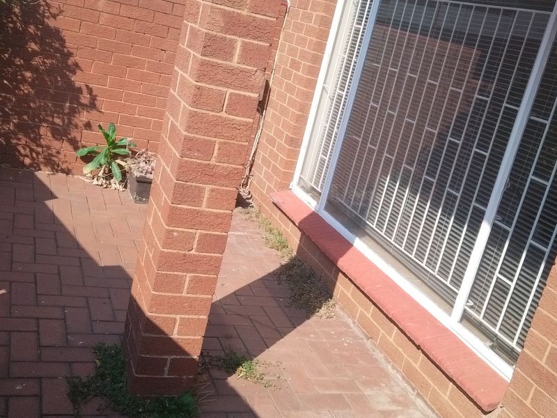 A paved outdoor patio area featuring a brick pillar and security bars on the window, requiring minor maintenance to clear weeds from the paving.