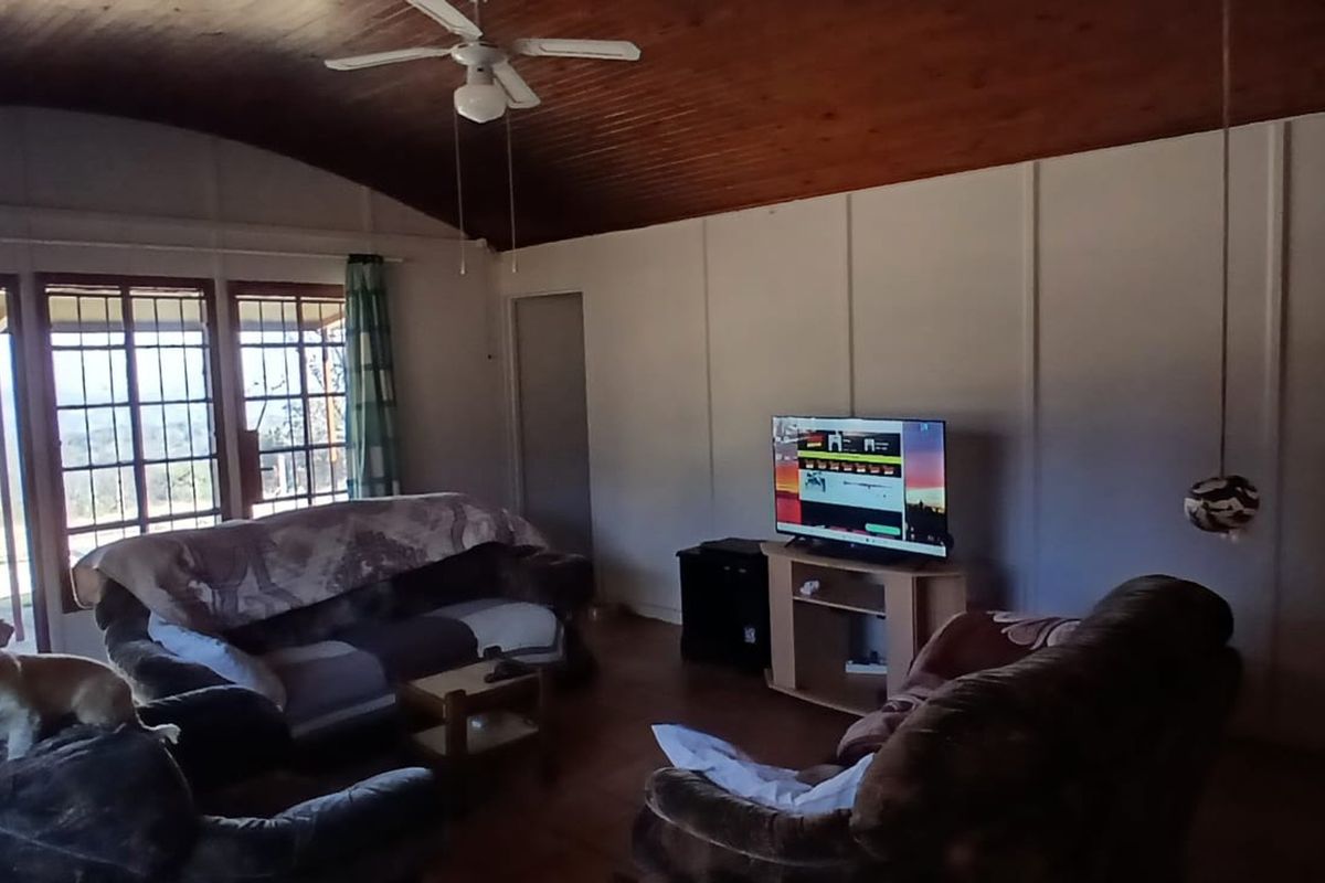 A living room featuring a timber-clad vaulted ceiling, ceiling fan, and large glass sliding doors that provide natural light and outdoor access.