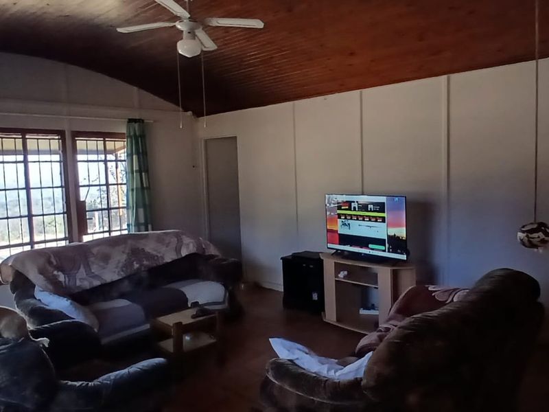 A living room featuring a timber-clad vaulted ceiling, ceiling fan, and large glass sliding doors that provide natural light and outdoor access.