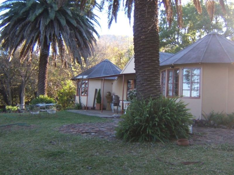 Rear view of a unique property featuring conical roof structures, a covered patio area, and a spacious, mature garden setting.