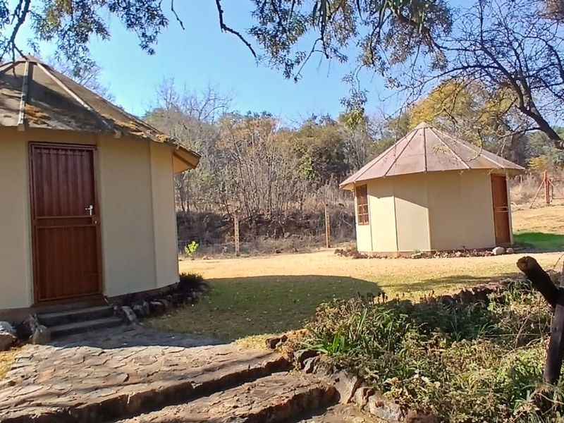 Two detached circular structures with conical roofs set in a natural garden landscape with a stone pathway.