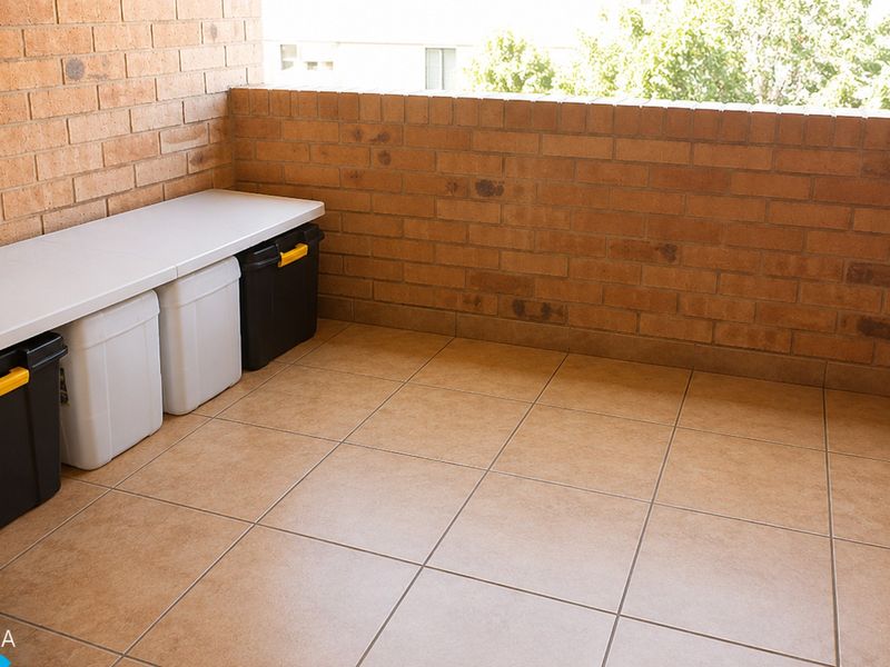 A covered balcony featuring exposed brick walls and neutral floor tiles, offering a functional outdoor space.