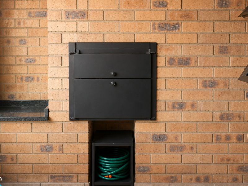 A covered patio area featuring a built-in black metal braai, granite prep surface, and exposed face brick wall finish.