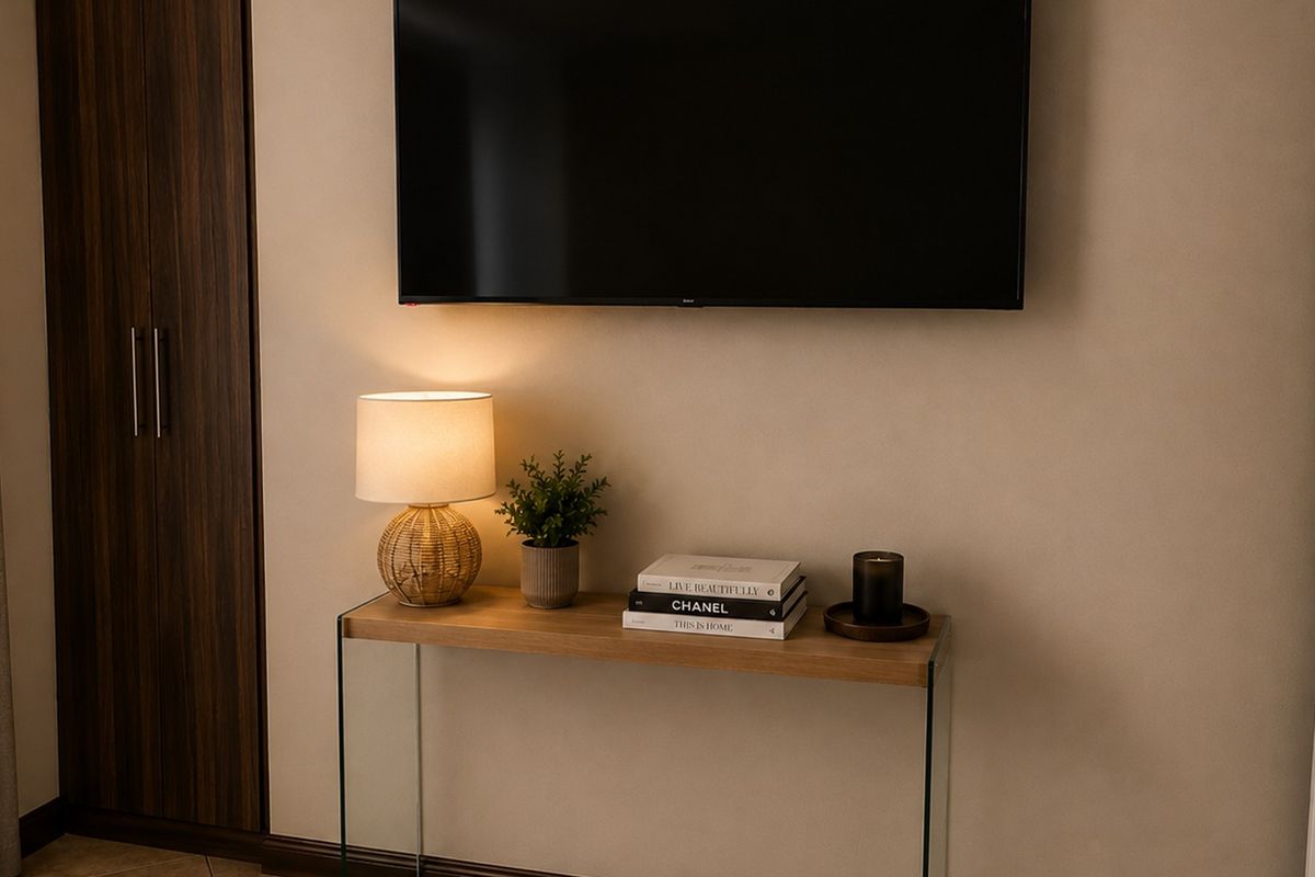 A well-maintained bedroom featuring a built-in dark wood wardrobe and neutral wall finishes.