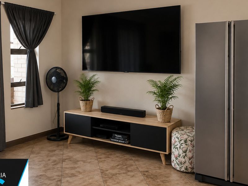 A living room area featuring tiled flooring and a window with curtains.