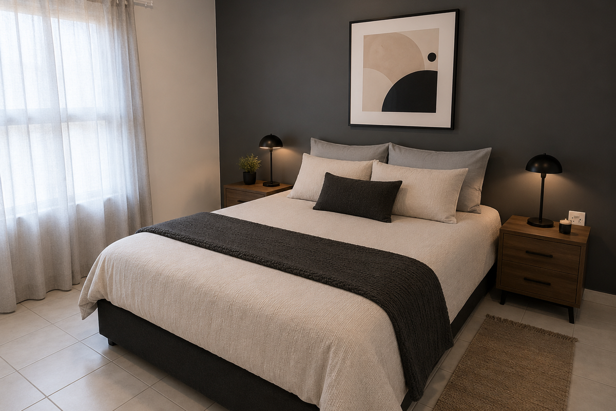 A well-presented bedroom featuring neutral tiled flooring and a dark grey accent wall, creating a modern and comfortable sleeping space.