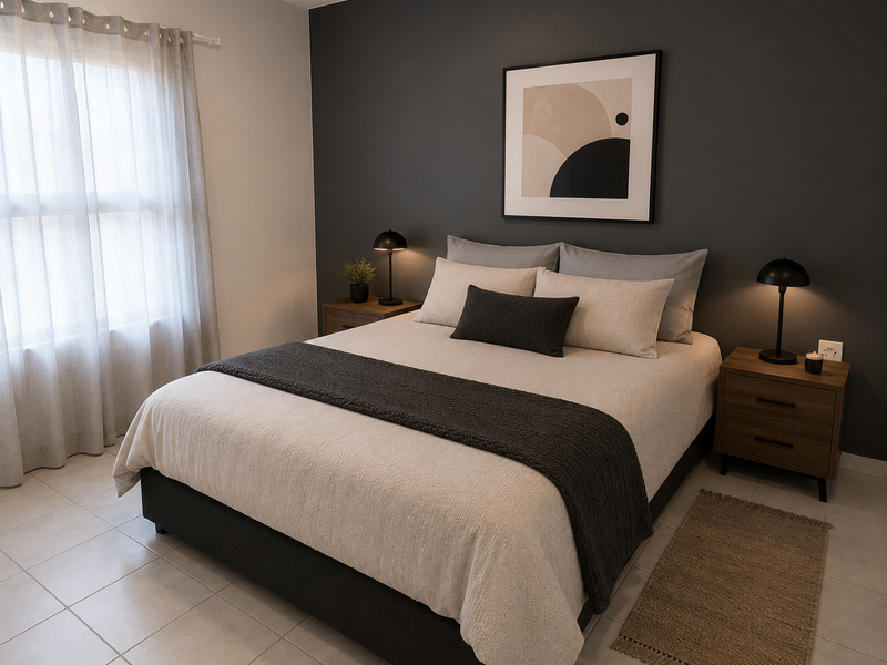 A well-presented bedroom featuring neutral tiled flooring and a dark grey accent wall, creating a modern and comfortable sleeping space.