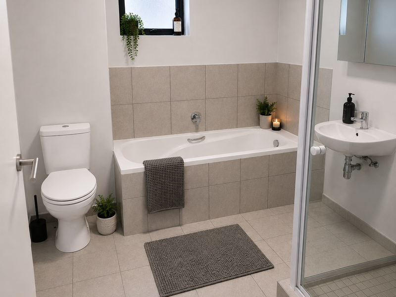 A modern, well-maintained bathroom featuring a built-in bathtub, separate shower enclosure, wall-mounted basin, and neutral floor-to-wall tiling.