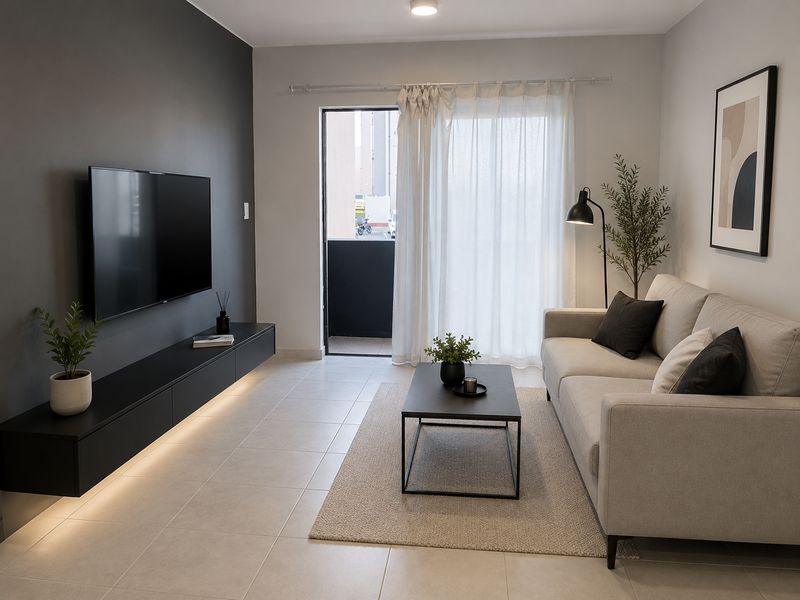 Modern living room featuring a sleek floating media console with integrated lighting, neutral tiled floors, and a sliding glass door leading to a balcony.