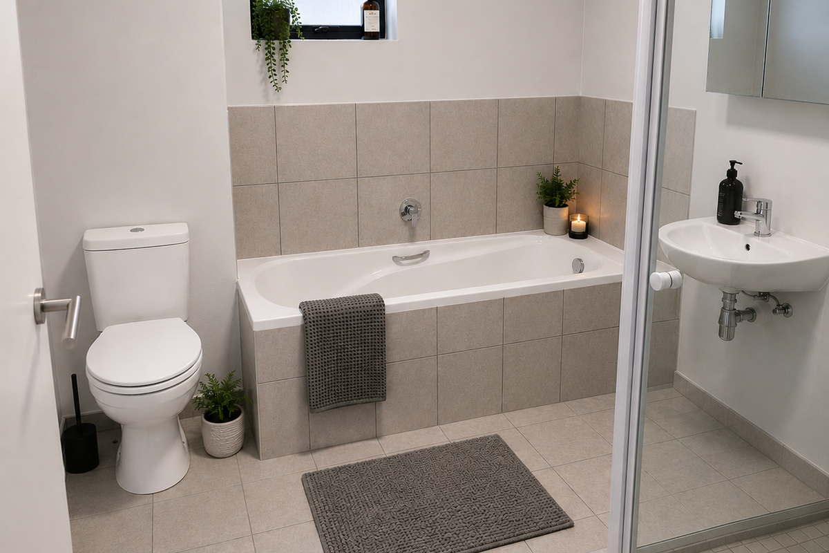 A modern, well-maintained bathroom featuring a built-in bathtub, separate shower enclosure, wall-mounted basin, and neutral floor-to-wall tiling.
