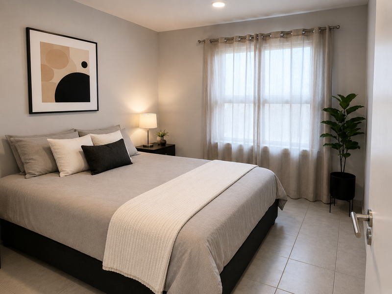 A well-maintained bedroom featuring neutral wall tones, tiled flooring, and recessed lighting, creating a clean and comfortable living space.