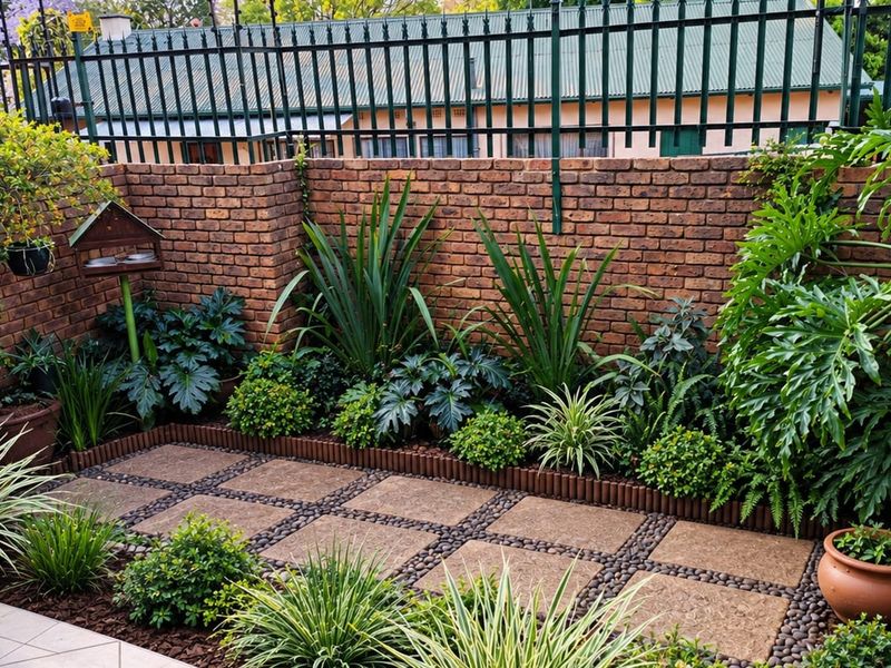 A well-maintained garden area featuring a brick boundary wall, metal security fencing, and neatly paved sections with pebble detailing.
